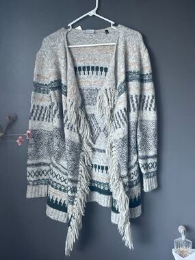 Cabi Fringe Cardigan Sweater XXS Open Front Tribal Boho Knit Aztec Drape